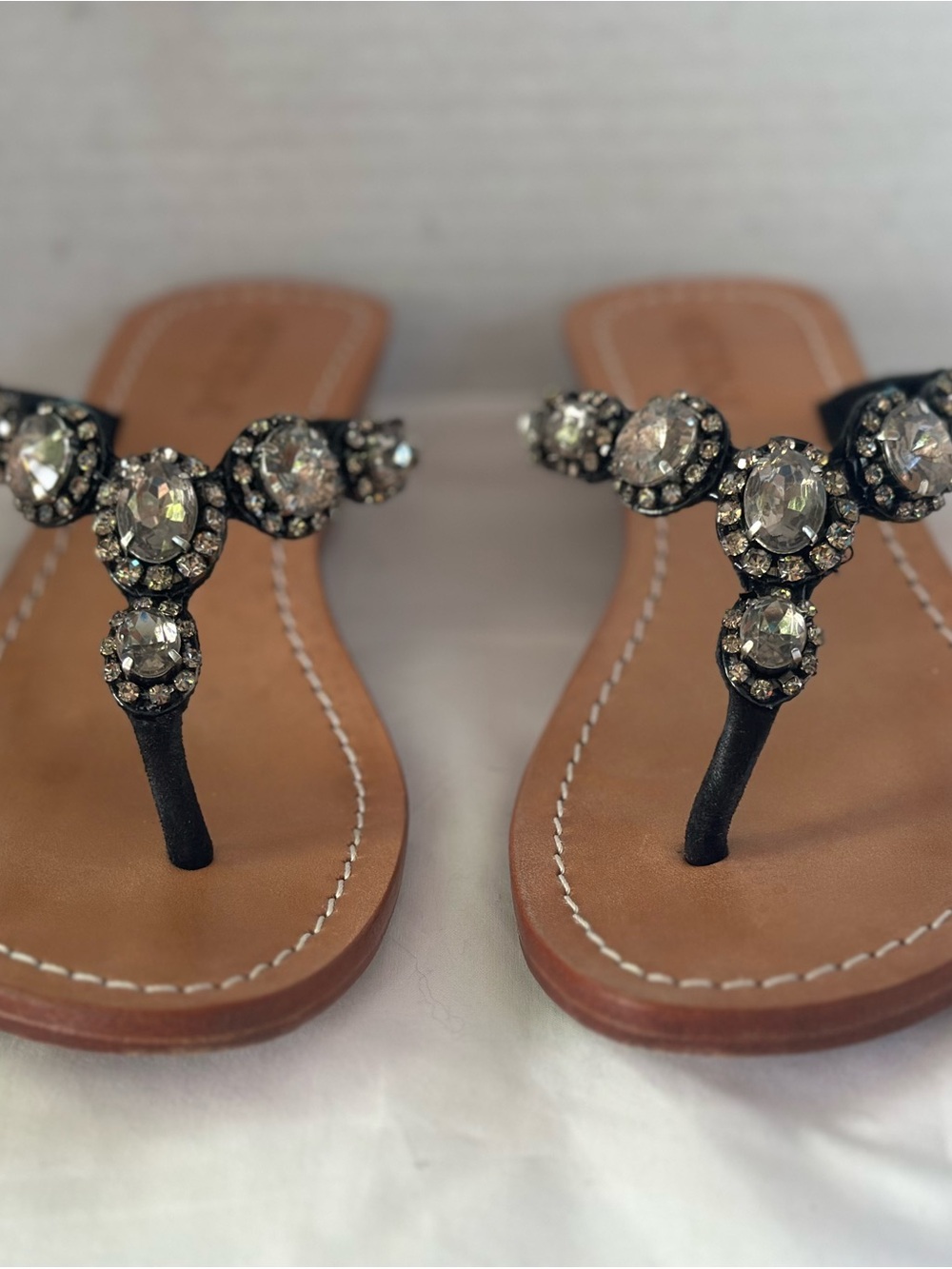 Mystique Boutique Black Jeweled Thong Sandals with Crystal Accents